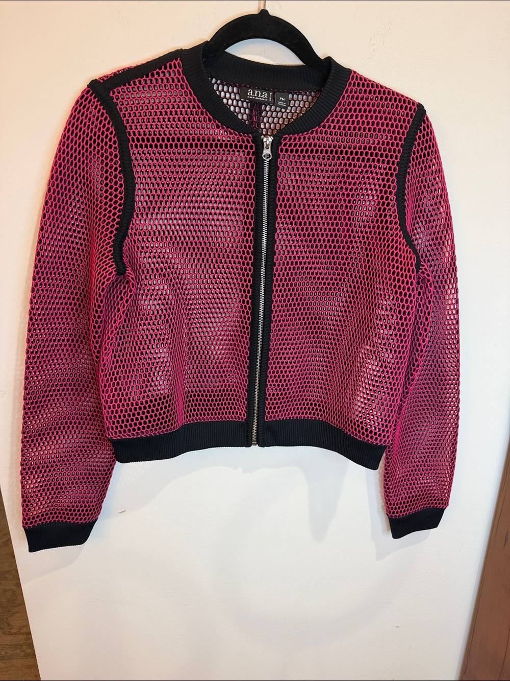 a.n.a (A New Approach) Hot Pink Mesh Zip Up Bomber Jacket with Black Trim, PM